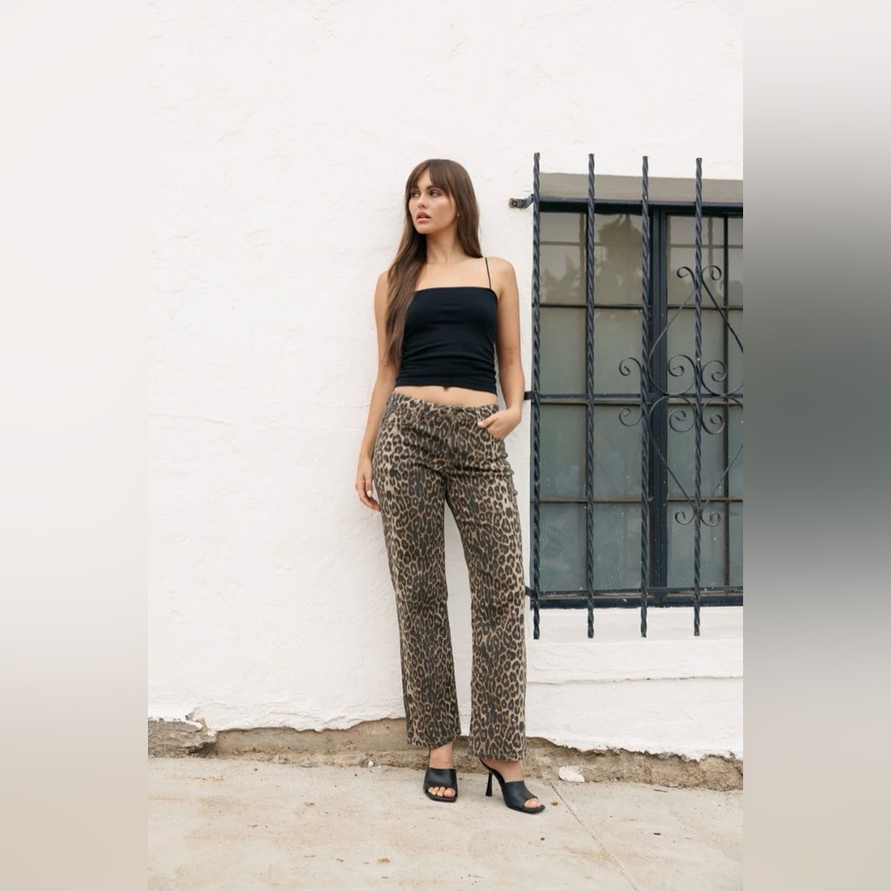 Cali 1850 Leopard Mid-Rise‎ Wide Barrel Leg 100% Cotton Print Pants Size:7